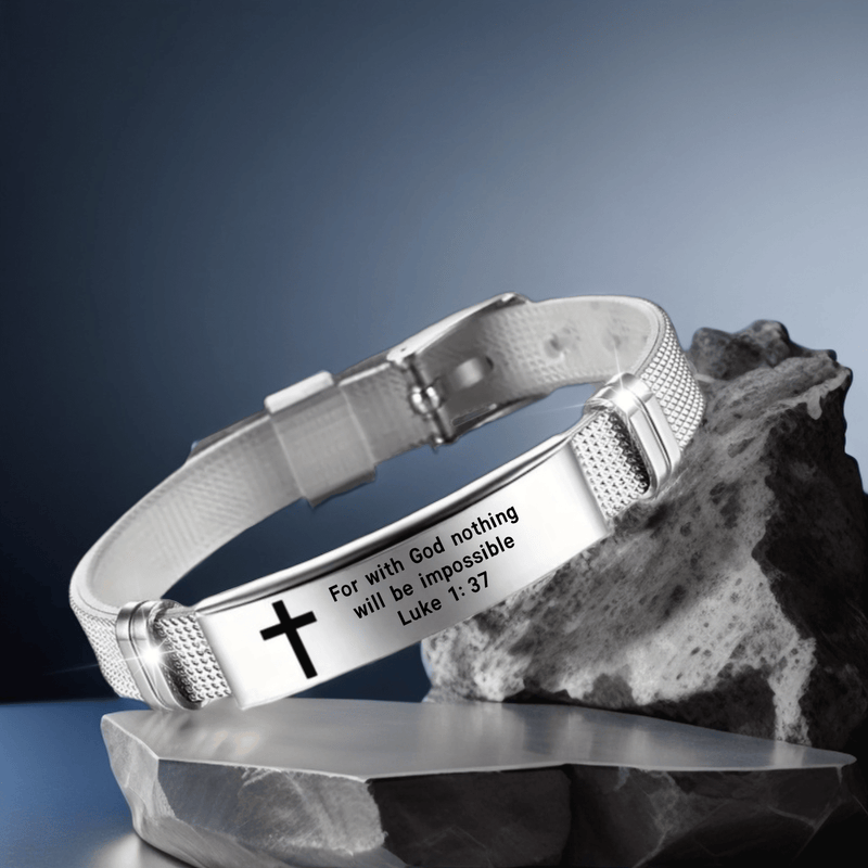 Adjustable Stainless Steel Silicone Bracelet with Verse "For with God nothing will be impossible" Luke 1:37 - Inspirational Cuff Wristband Jewelry, No Plating - Casual Style Daily Wear Accessory, Ideal for Gifting