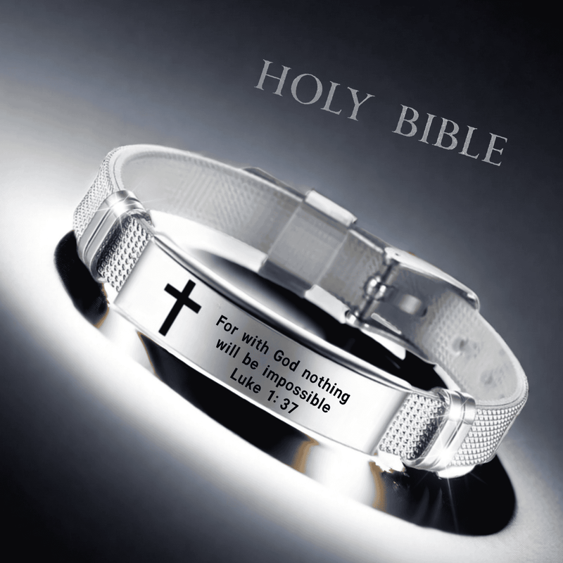 Adjustable Stainless Steel Silicone Bracelet with Verse "For with God nothing will be impossible" Luke 1:37 - Inspirational Cuff Wristband Jewelry, No Plating - Casual Style Daily Wear Accessory, Ideal for Gifting