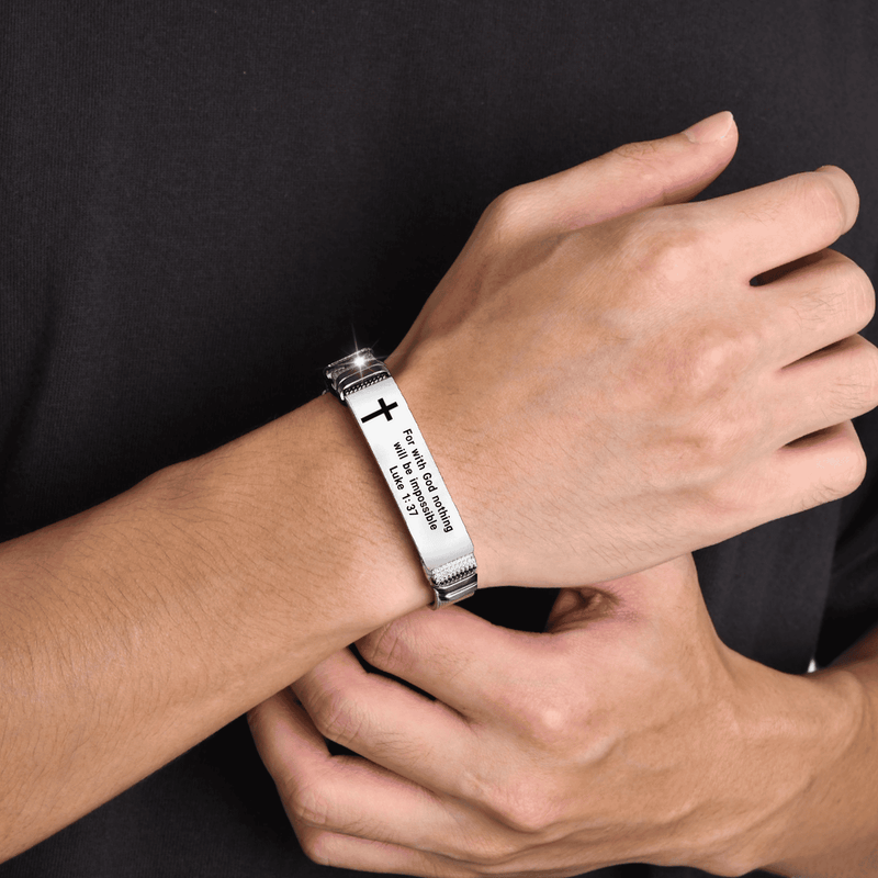 Adjustable Stainless Steel Silicone Bracelet with Verse "For with God nothing will be impossible" Luke 1:37 - Inspirational Cuff Wristband Jewelry, No Plating - Casual Style Daily Wear Accessory, Ideal for Gifting