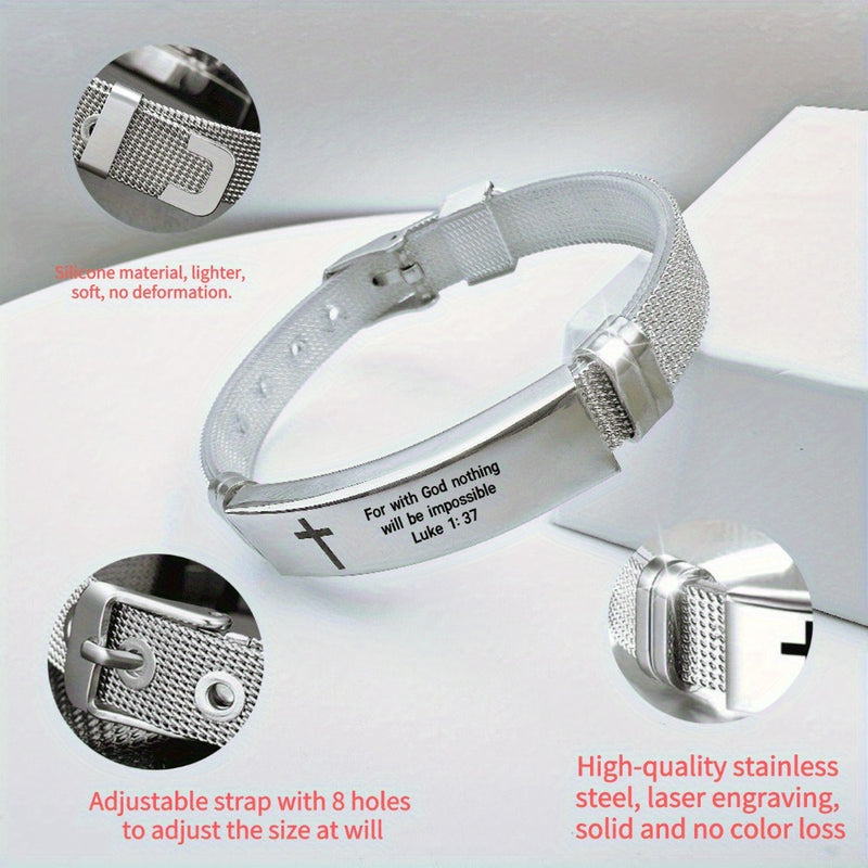 Adjustable Stainless Steel Silicone Bracelet with Verse "For with God nothing will be impossible" Luke 1:37 - Inspirational Cuff Wristband Jewelry, No Plating - Casual Style Daily Wear Accessory, Ideal for Gifting