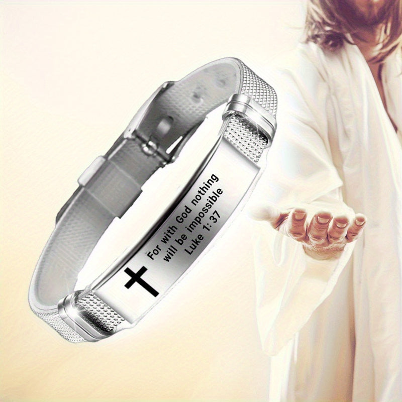 Adjustable Stainless Steel Silicone Bracelet with Verse "For with God nothing will be impossible" Luke 1:37 - Inspirational Cuff Wristband Jewelry, No Plating - Casual Style Daily Wear Accessory, Ideal for Gifting