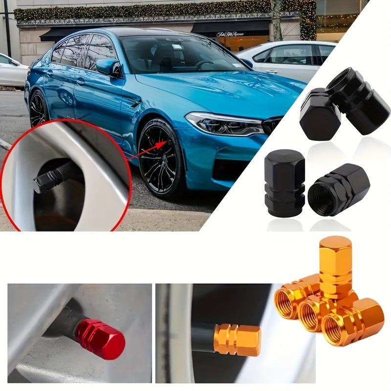 Set Of 4 Unique Aluminum Alloy Golden Valve Caps For Tires, Tire Valve Stem, Valve Cap For Wheels, Car Wheel Valve Cap, Car Tire Dustproof Hexagonal, Automotive Exterior Accessories