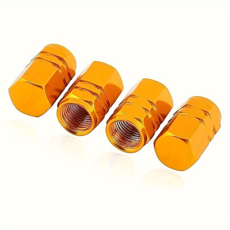 Set Of 4 Unique Aluminum Alloy Golden Valve Caps For Tires, Tire Valve Stem, Valve Cap For Wheels, Car Wheel Valve Cap, Car Tire Dustproof Hexagonal, Automotive Exterior Accessories